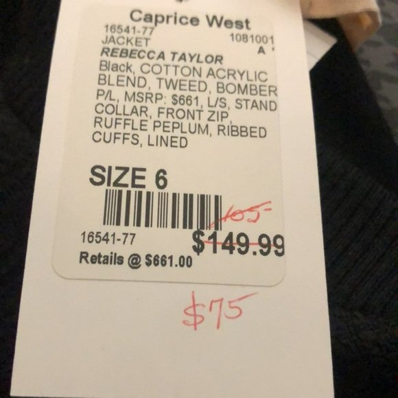 REBECCA TAYLOR Black Bomber Style Jacket, Ruffle Peplum, 6 - Picture 4 of 7